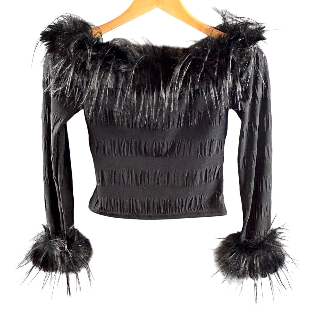 Y2K Style Black Feather Trim Coquette Goth Long Sleeve 90s 2000s Party Clubwear - Picture 3 of 5